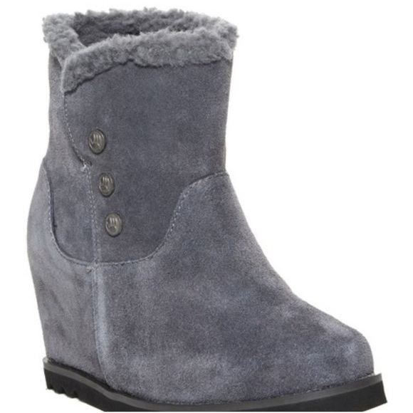 BearPaw Twill wedge heel boots Sherpa lined charcoal size 10 suede - Picture 1 of 11